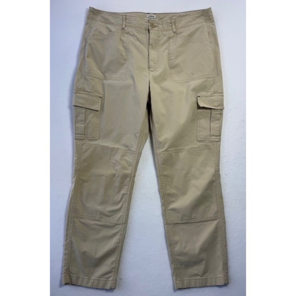 LL Bean Cargo Pants Womens 16 Tan Favorite Fit Stretch Utility Fly Fishing Print - Picture 1 of 16